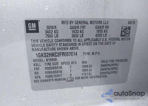 2015 GMC Yukon Xl 1500 Slt from USA, damaged, VIN 1GKS2HKC2FR687614